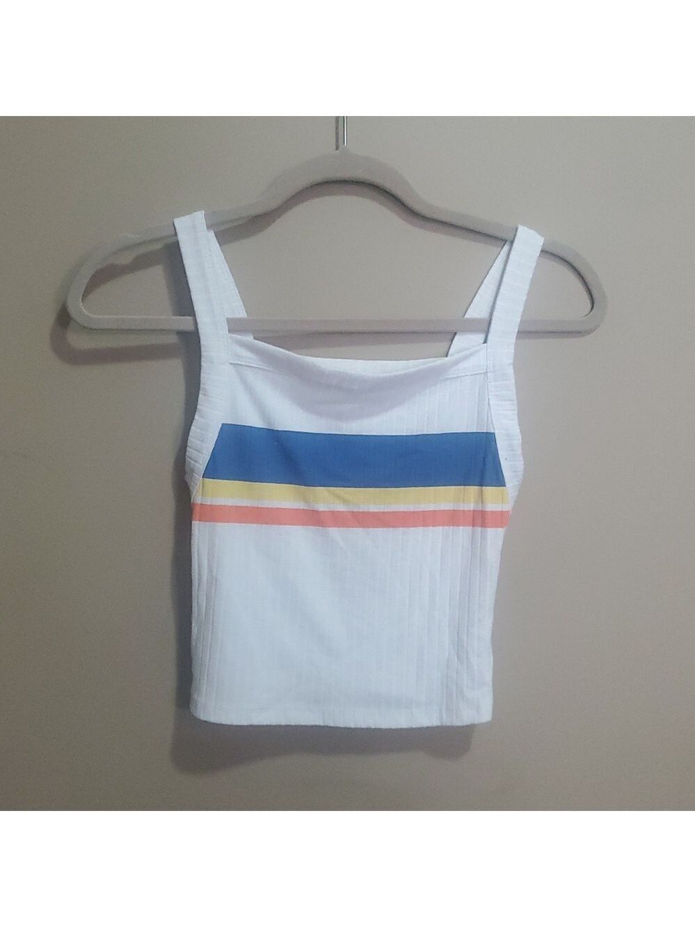 Urban Heritage White Crop Tank with Blue, Yellow and Coral Stripes Size Small